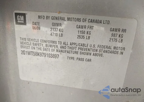 2007 Chevrolet Impala Lt z USA, uszkodzony, nr VIN 2G1WT58K979103897